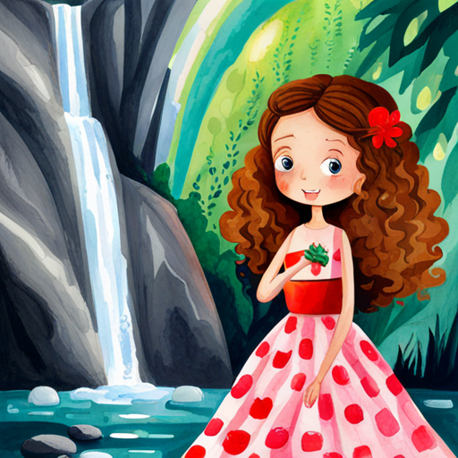 Curly-haired girl wearing a colorful dress, holding a flower standing in front of a sparkling waterfall