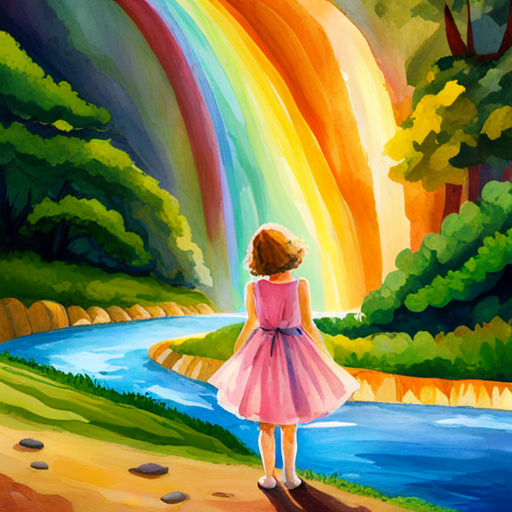 Curly-haired girl wearing a colorful dress, holding a flower standing at the bottom of a rainbow-colored waterfall