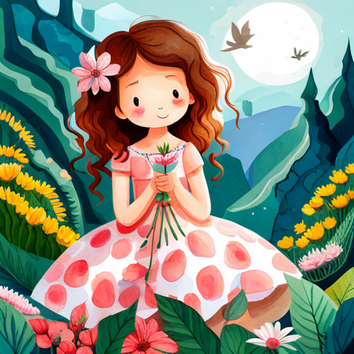 Curly-haired girl wearing a colorful dress, holding a flower sitting on a rock, surrounded by flowers and animals