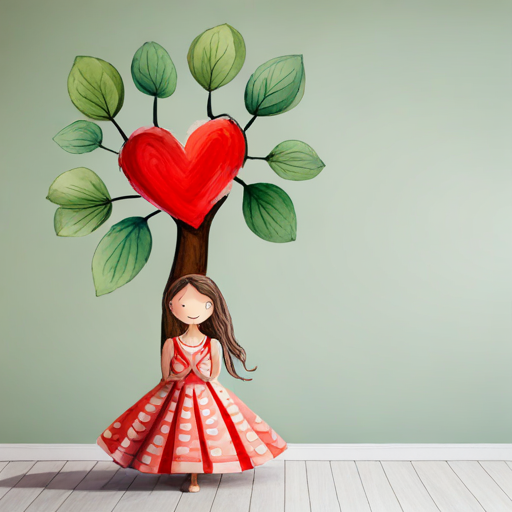 Curly-haired girl wearing a colorful dress, holding a flower hugging a tree and smiling with a heart