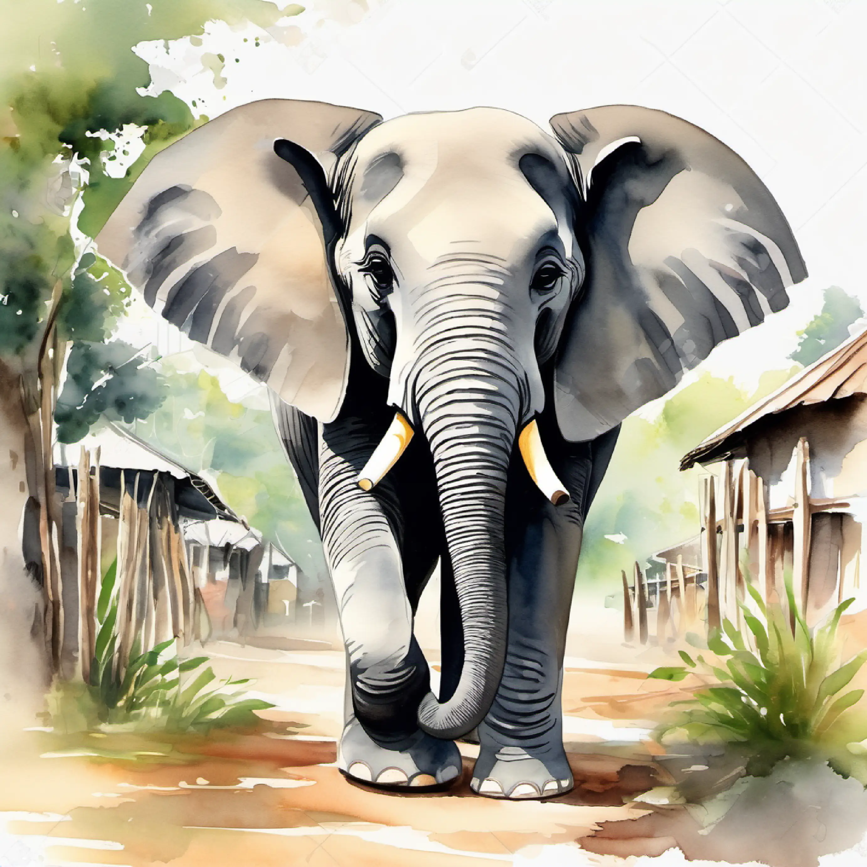 Introduction to Young elephant, big floppy ears, gentle smile, gray color the elephant in his home village.