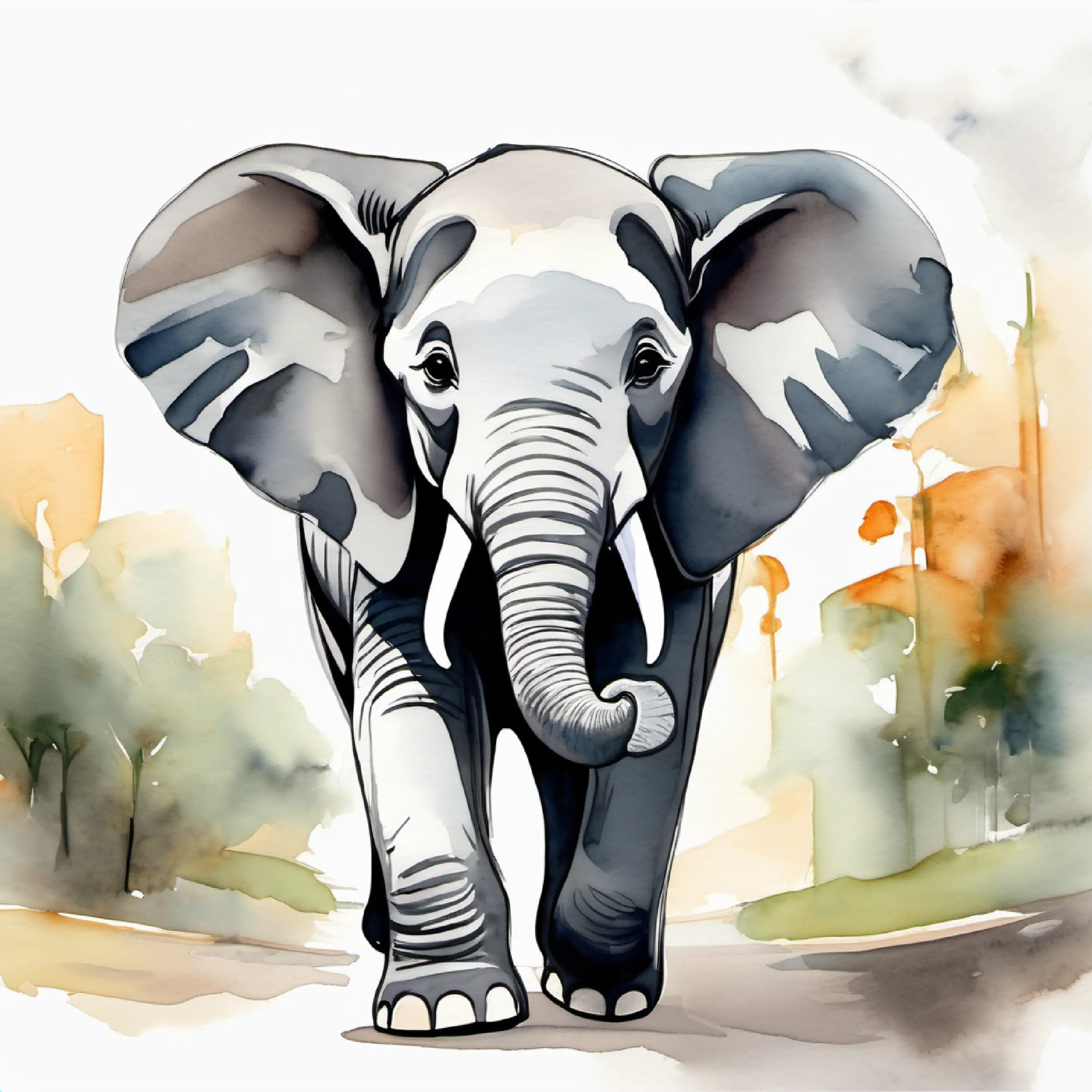 Young elephant, big floppy ears, gentle smile, gray color feels excited, leaving home for the big city.