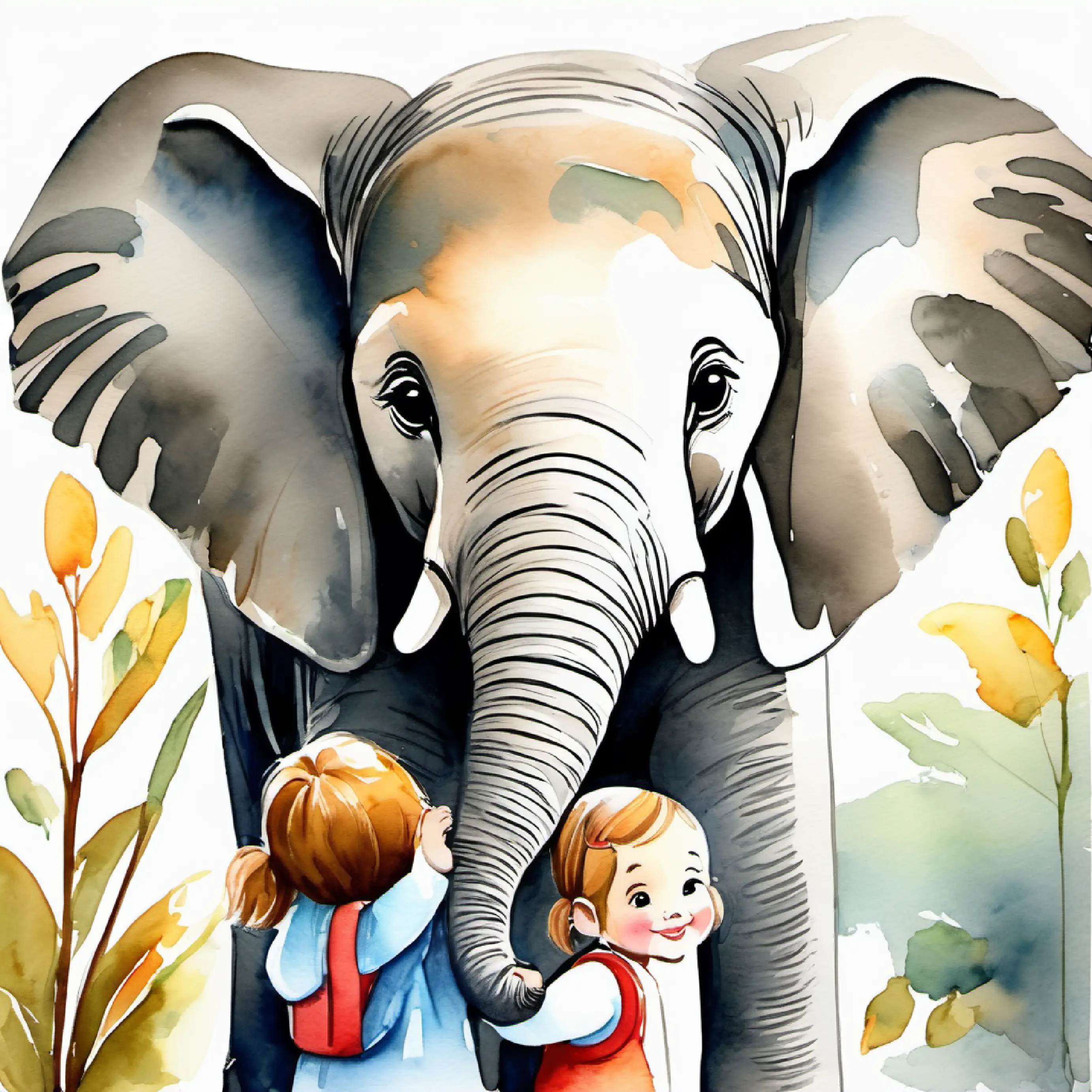 Young elephant, big floppy ears, gentle smile, gray color accompanies Small girl with caring eyes, short hair, and a bright smile to school, attracting attention.