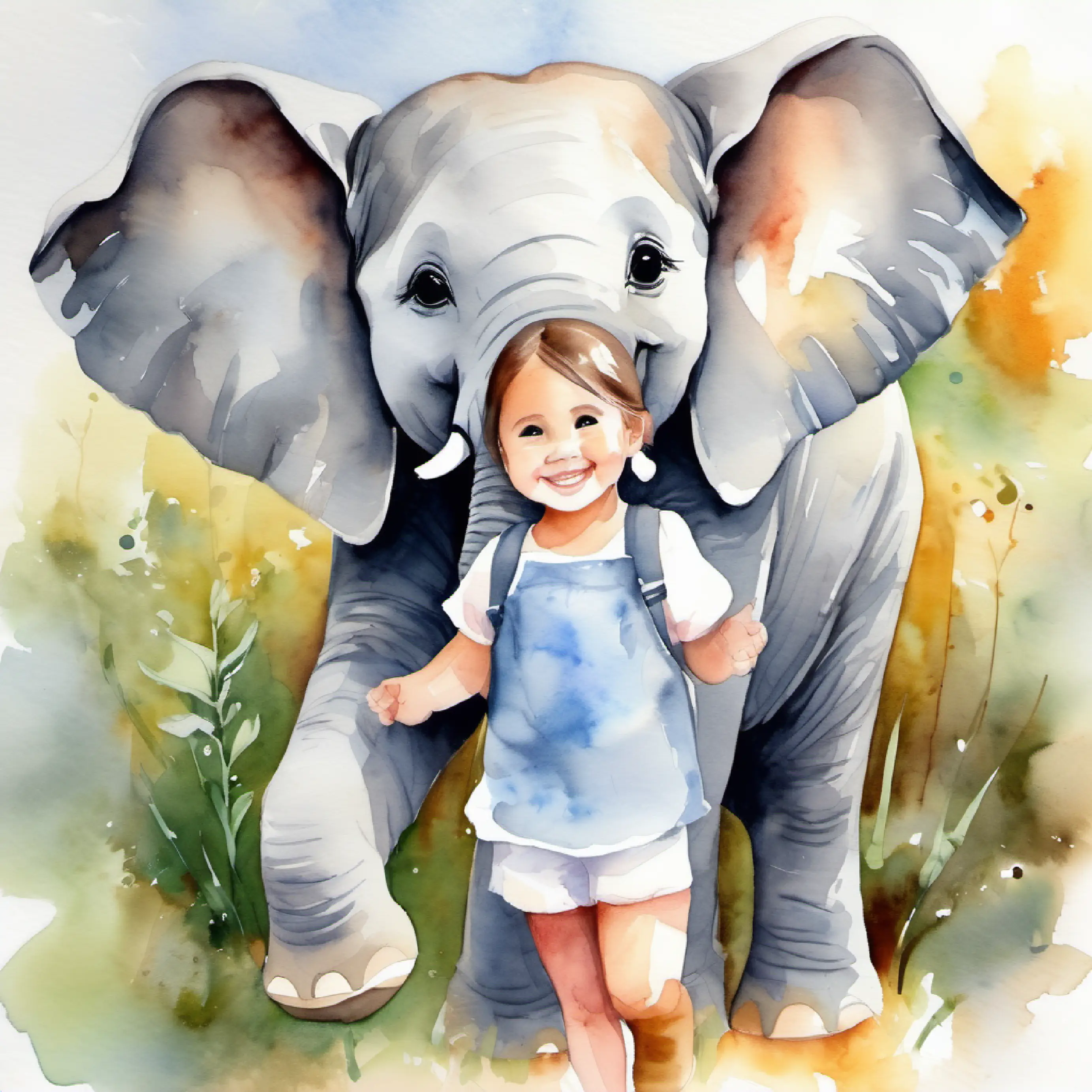 Young elephant, big floppy ears, gentle smile, gray color and Small girl with caring eyes, short hair, and a bright smile enjoy the day, Young elephant, big floppy ears, gentle smile, gray color feels grateful for the adventure.