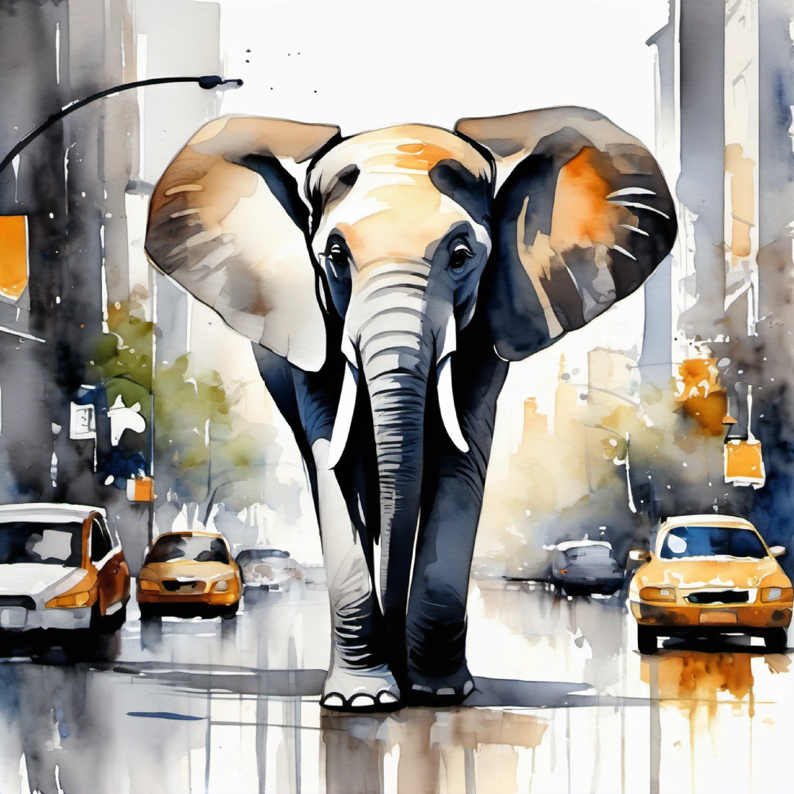 Young elephant, big floppy ears, gentle smile, gray color's first impressions of the bustling big city.