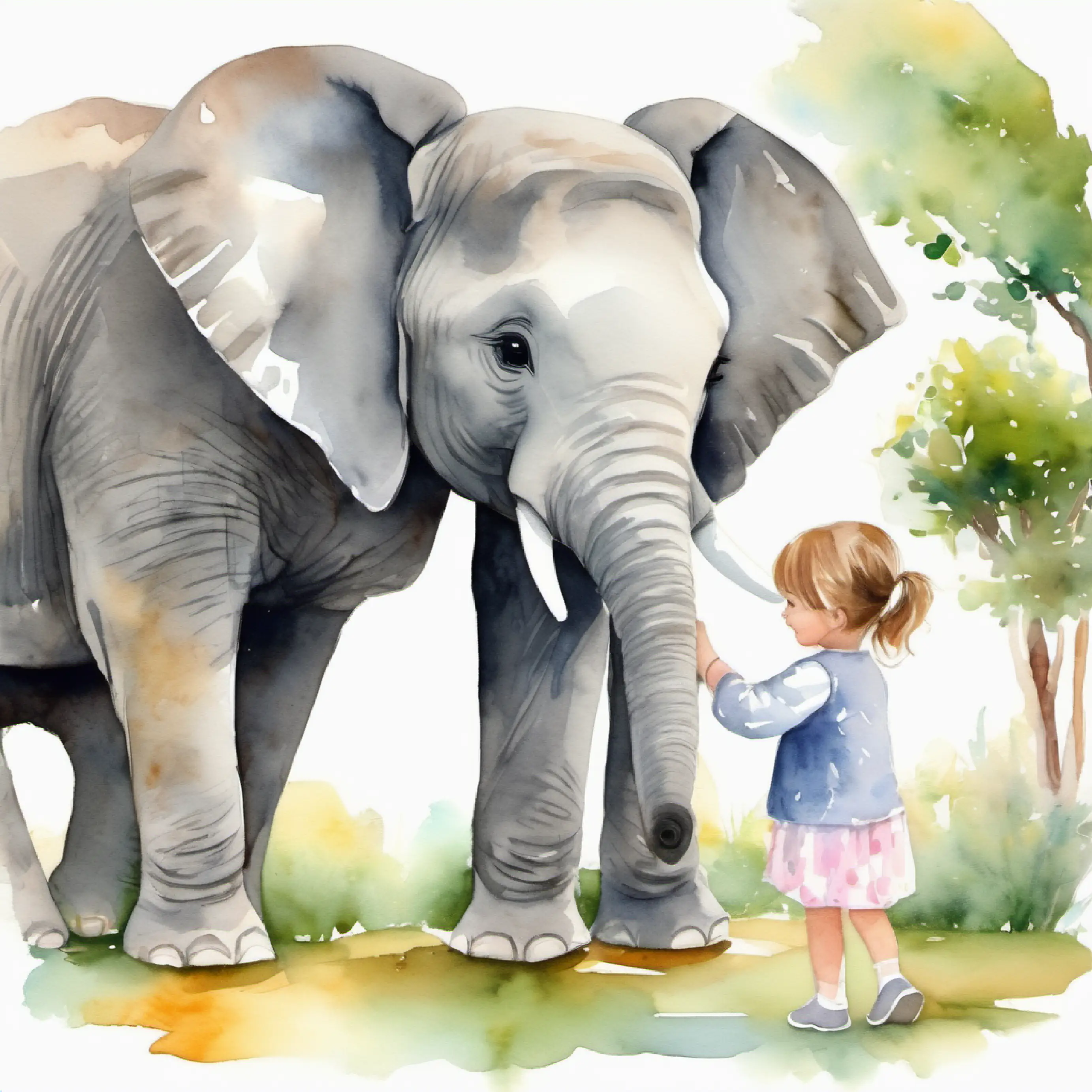 Young elephant, big floppy ears, gentle smile, gray color befriends Small girl with caring eyes, short hair, and a bright smile and they play in her favorite park.