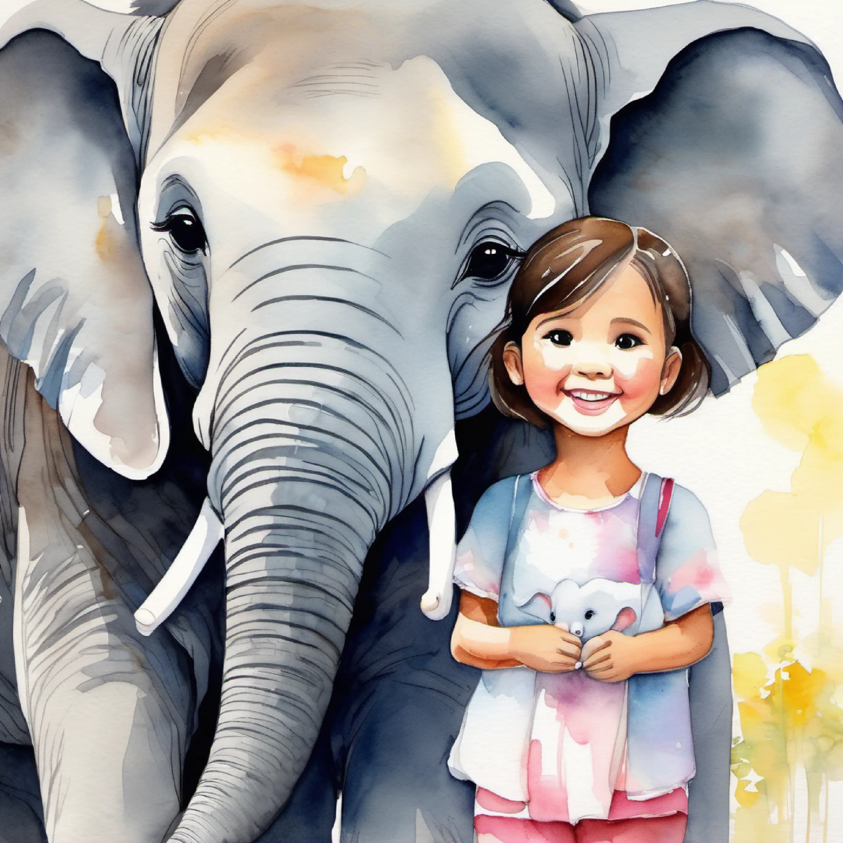 Small girl with caring eyes, short hair, and a bright smile shares stories, Young elephant, big floppy ears, gentle smile, gray color is content with the new friendship.