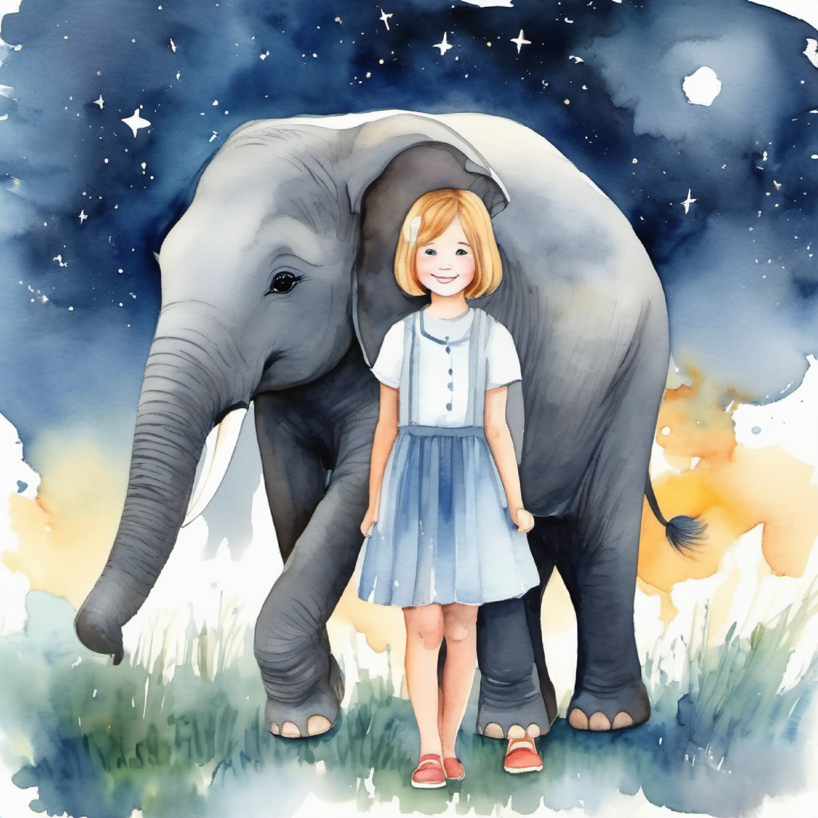 Small girl with caring eyes, short hair, and a bright smile invites Young elephant, big floppy ears, gentle smile, gray color to visit her school under the starry sky.