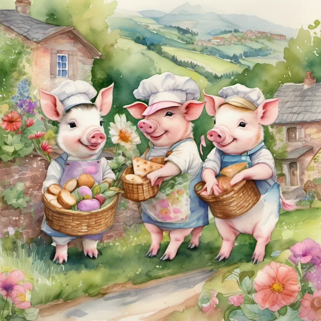 Three adorable piglets (A playful piglet wearing a painter's beret and splattered with paint, holding a paintbrush, A charming piglet with a gardener's hat, surrounded by flowers and greenery, and A cheerful piglet in a chef's hat, holding a tray of freshly baked pastries) playing in a quaint, whimsical town with rolling hills and colorful houses.