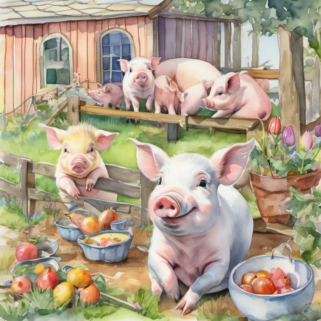 Three piglets each indulging in their favorite hobbies - painting, gardening, and baking, surrounded by bright and cheerful scenery.