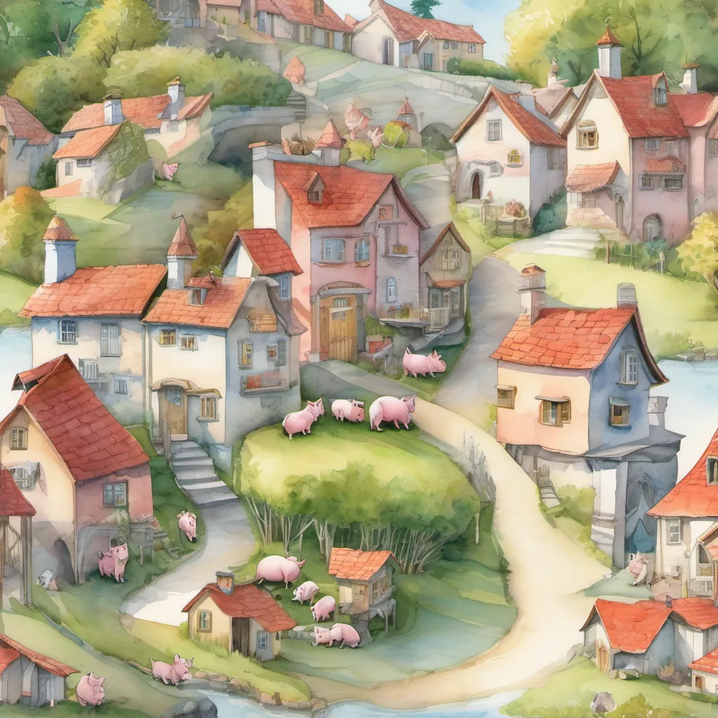 The piglets and wolf living in a harmonious, picturesque town with never-ending sunshine and joy.