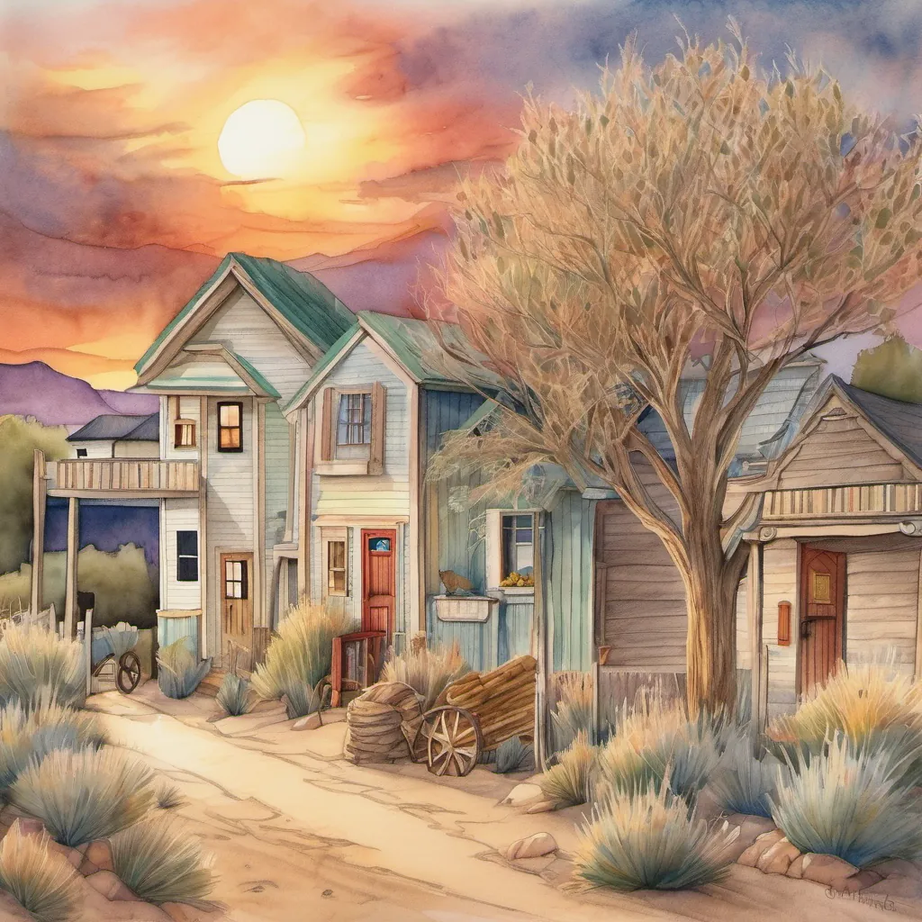 A serene town of Tumbleweed in a beautiful sunset, with heartwarming imagery of friendship and cooperation.