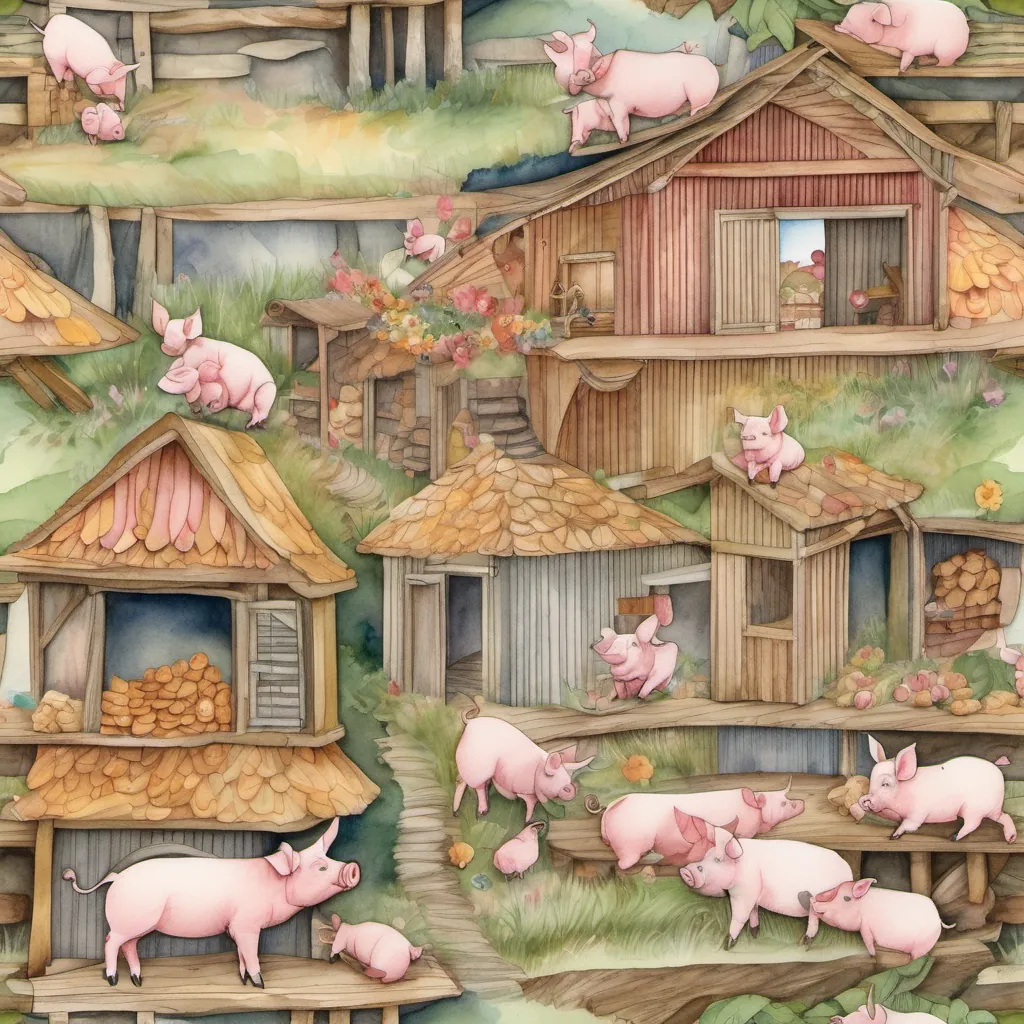 The piglets are seen building three unique houses out of wood planks, flower petals, and pastries, with joy and enthusiasm.