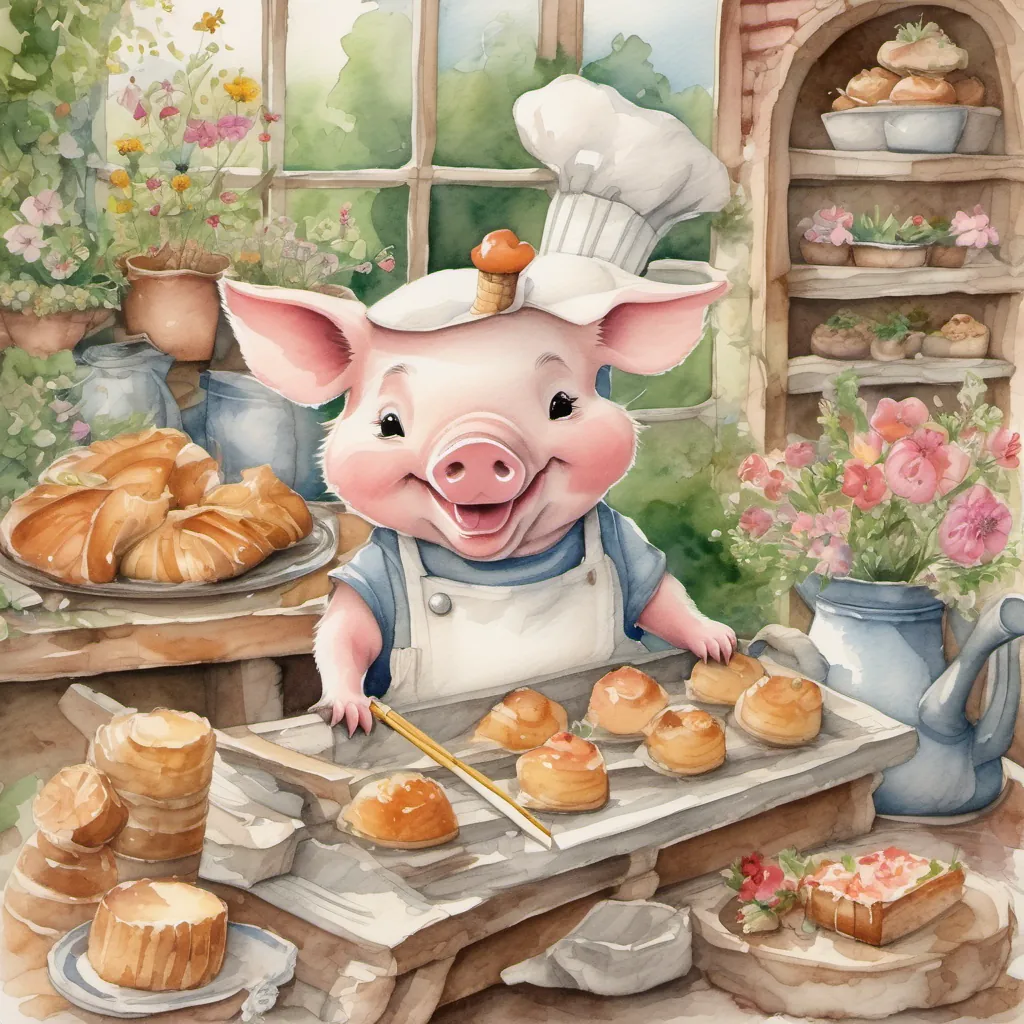 A playful piglet wearing a painter's beret and splattered with paint, holding a paintbrush working with wood, A charming piglet with a gardener's hat, surrounded by flowers and greenery weaving a house with flowers, and A cheerful piglet in a chef's hat, holding a tray of freshly baked pastries baking pastry bricks with determination.