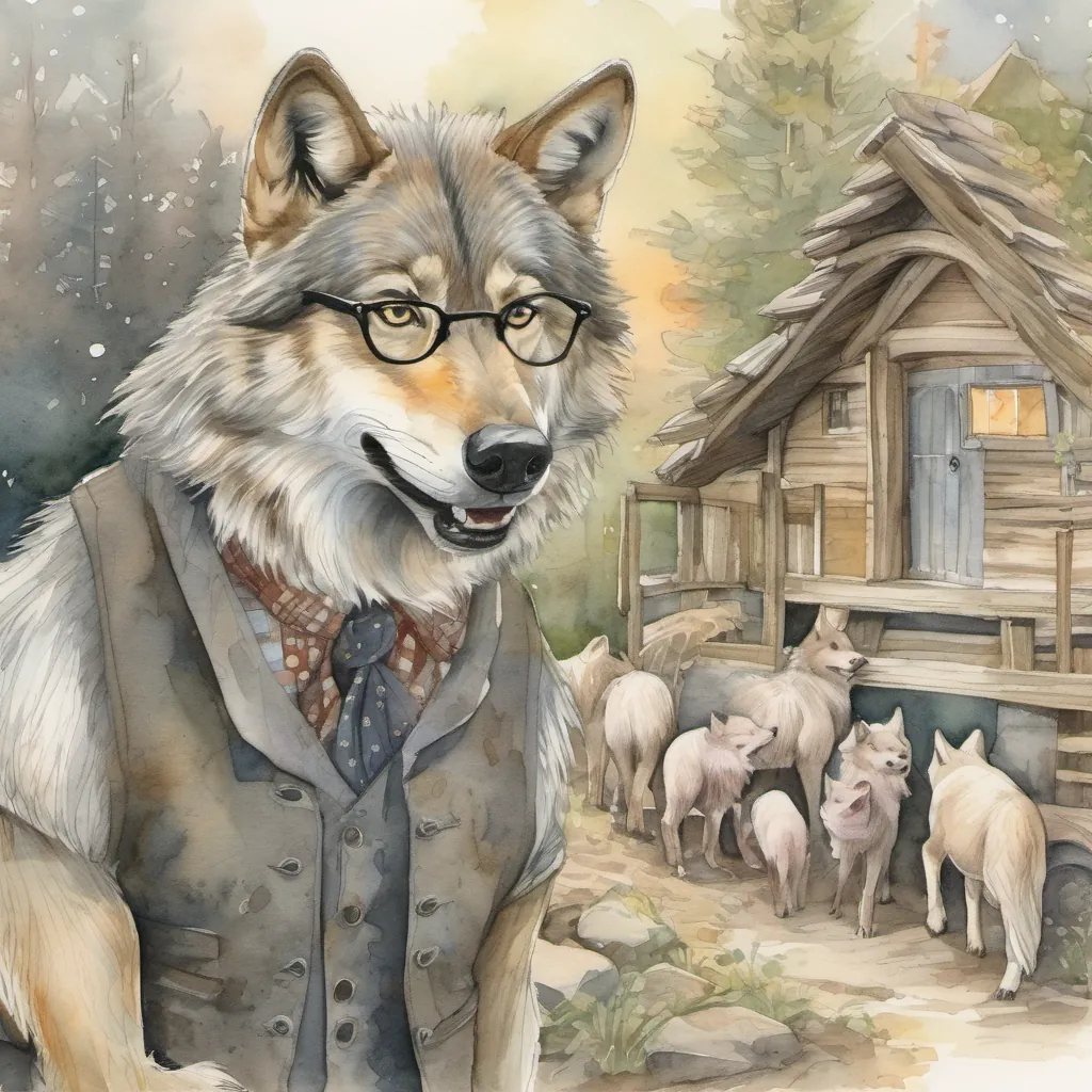 A clever-looking wolf, A wise, gray wolf with a twinkling eye and a soft, knowing smile, wearing a vest and glasses, approaching the piglets' houses with curiosity and a mischievous grin.