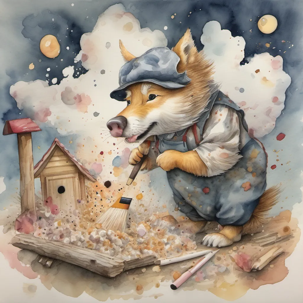 The wolf huffing and puffing at A playful piglet wearing a painter's beret and splattered with paint, holding a paintbrush's wooden house, which tumbles down in a fanciful cloud of sawdust.