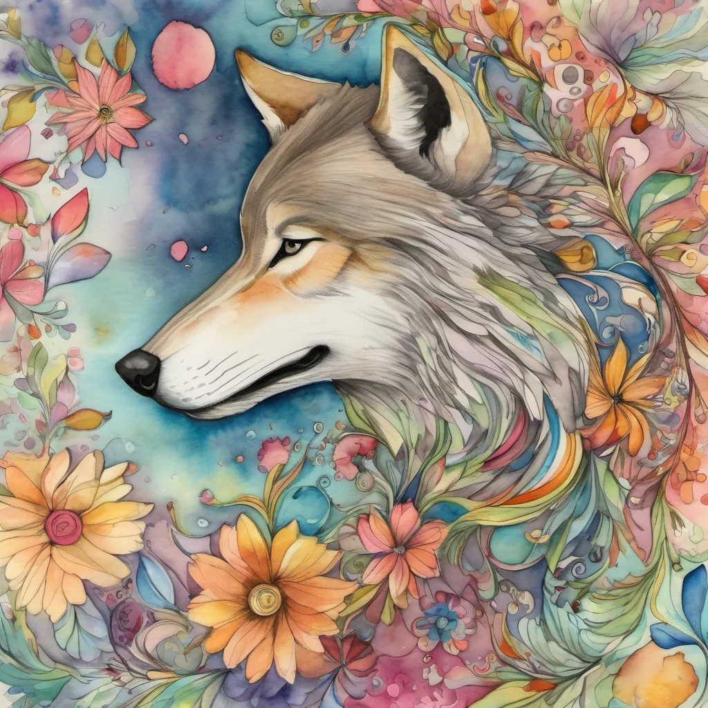 The wolf blowing at the flowery house, petals flying into the air in a whimsical and colorful swirl.