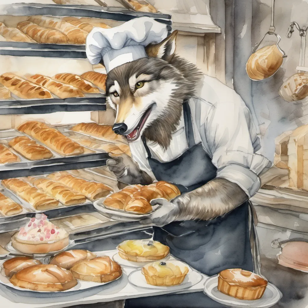 The wolf trying to blow down A cheerful piglet in a chef's hat, holding a tray of freshly baked pastries's pastry house, but despite the effort, the house stands firm and unbroken.