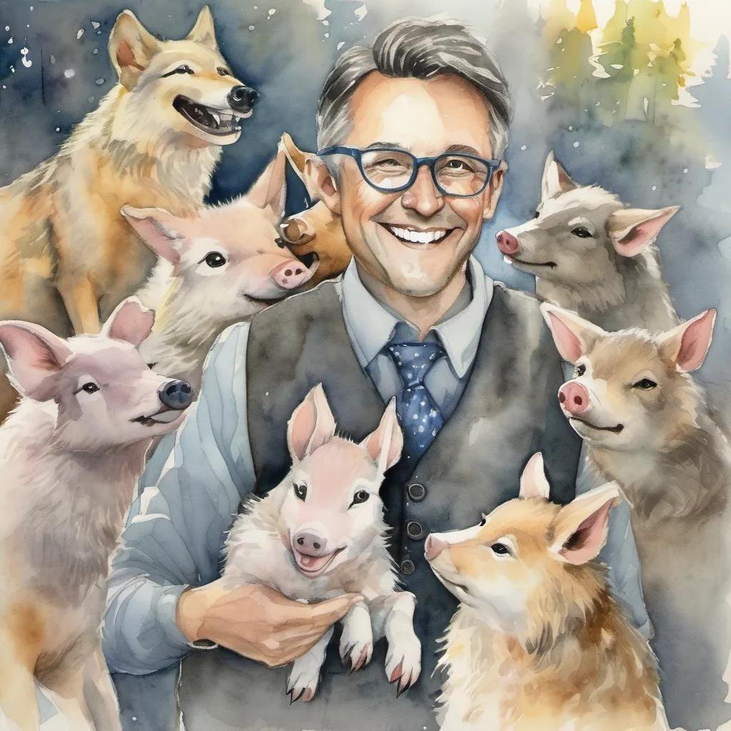 The wolf smiling warmly and the piglets beaming with pride, having passed A wise, gray wolf with a twinkling eye and a soft, knowing smile, wearing a vest and glasses's test.