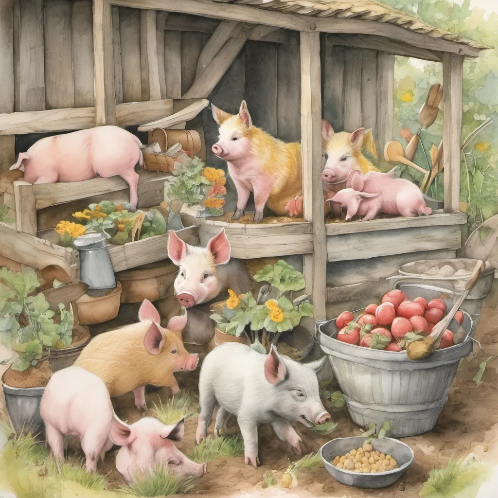 The piglets and the wolf happily building, gardening, and baking together as a team.