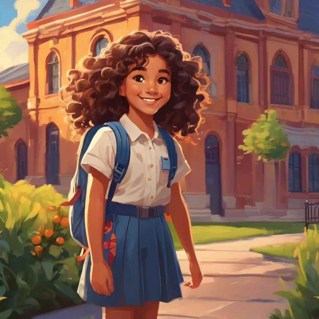 The page shows a picture of A little Samoan girl with long, curly hair and a bright smile, a little A little Samoan girl with long, curly hair and a bright smilen girl with long, curly hair, standing in front of a school building. She is wearing a backpack and smiling with excitement.