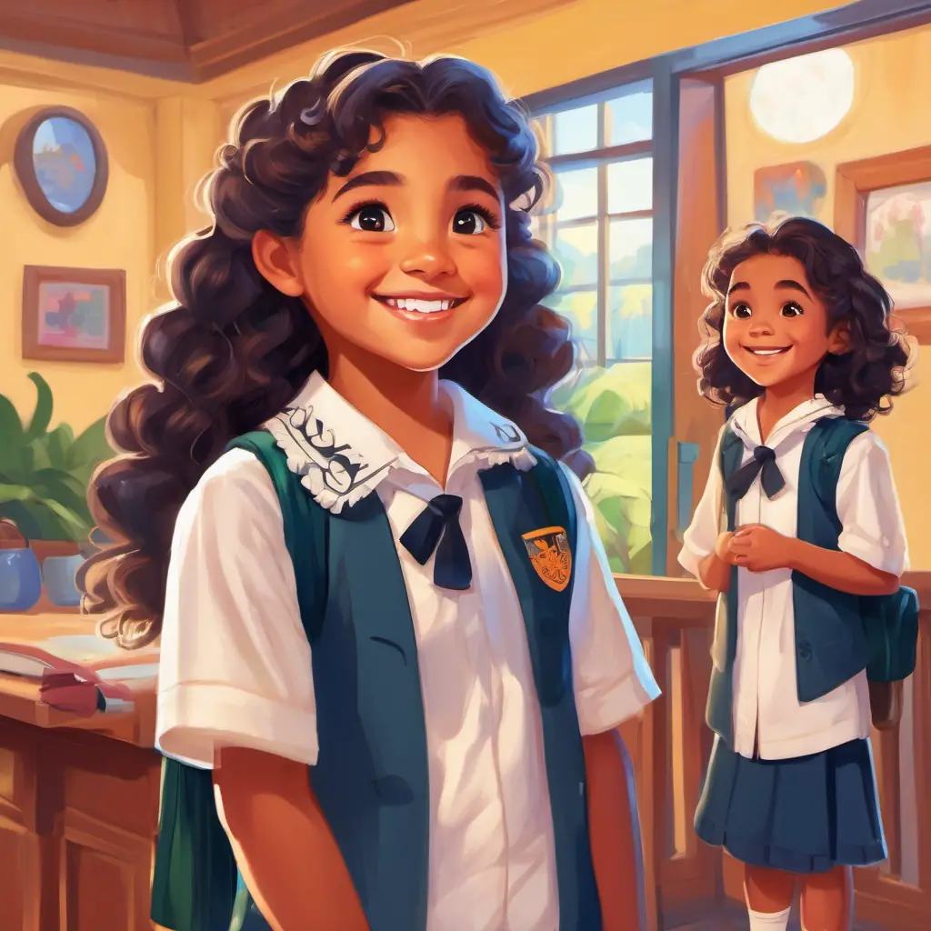 The page shows A little Samoan girl with long, curly hair and a bright smile in her new school uniform, looking in the mirror and smiling. Her parents are standing next to her, looking proud and happy.