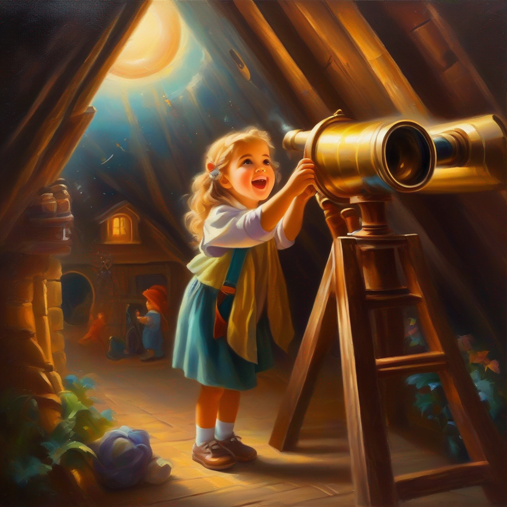 Curious girl with a magical telescope, filled with excitement. finds a magical telescope in the attic, filled with excitement.