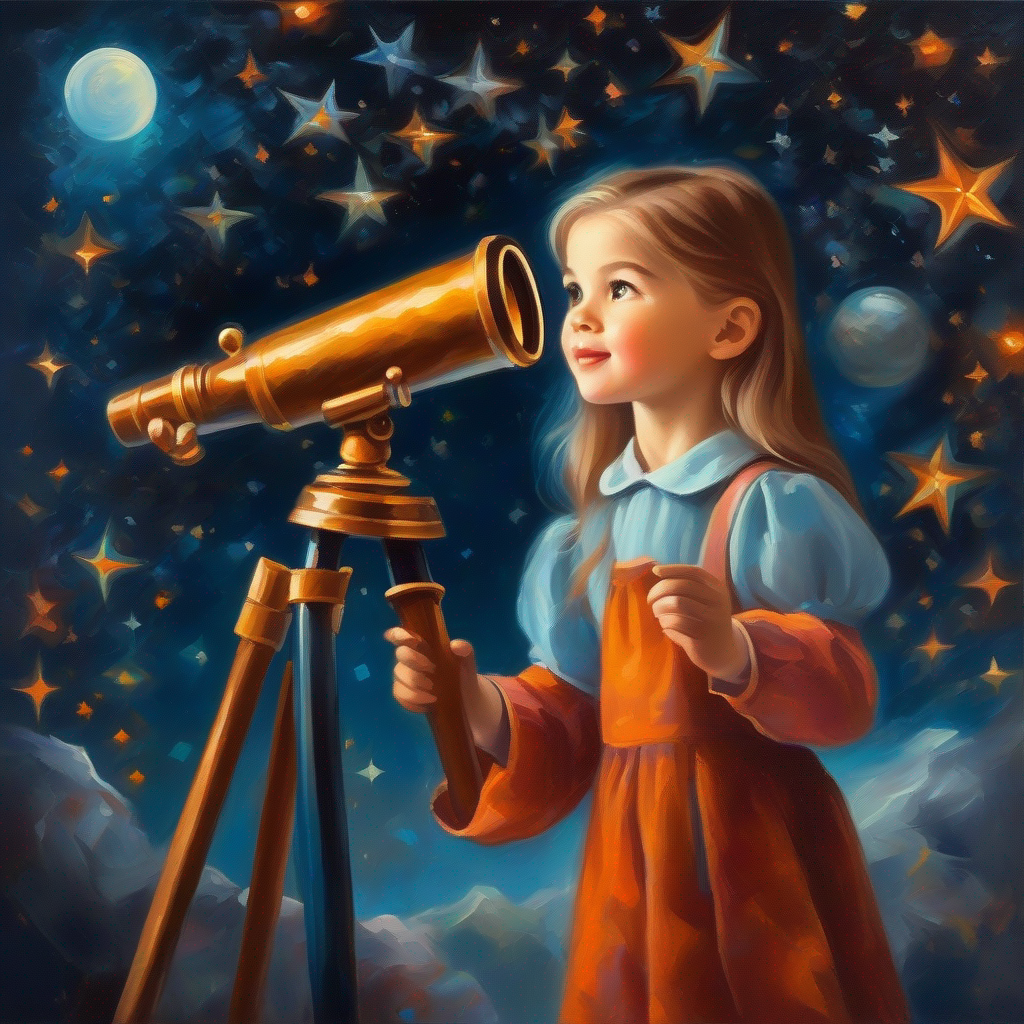 Curious girl with a magical telescope, filled with excitement. looks through the telescope and sees stars, moon, and Mars.