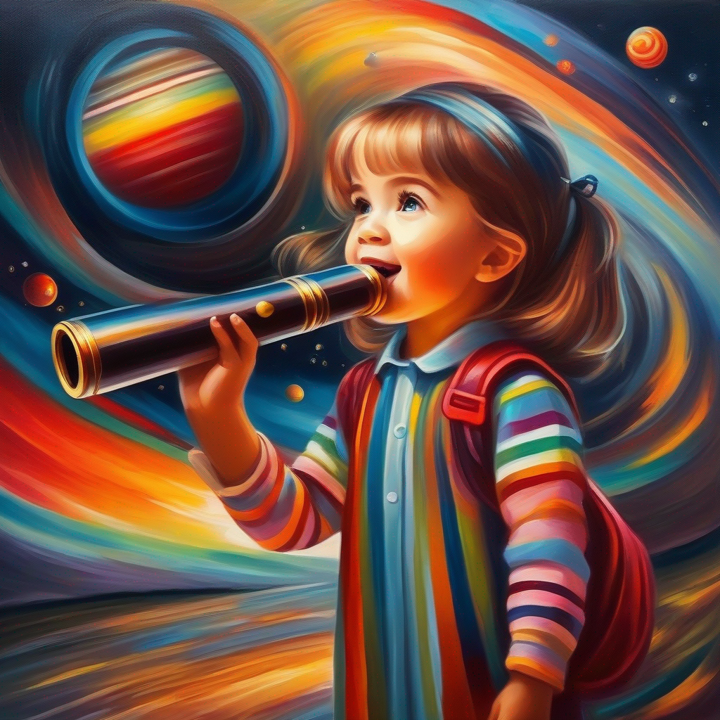 Curious girl with a magical telescope, filled with excitement. looks at Jupiter and sees its colorful stripes and Great Red Spot.
