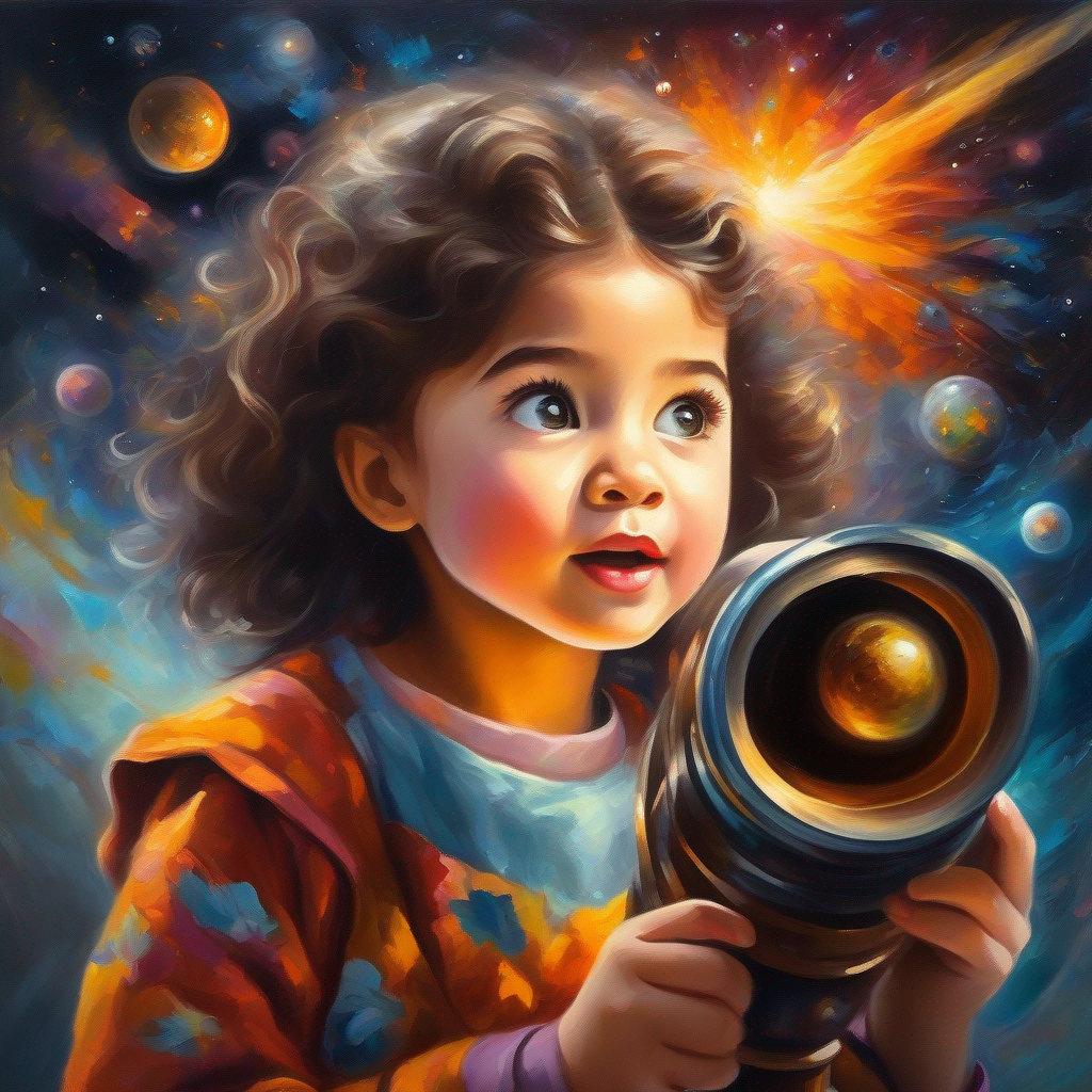Curious girl with a magical telescope, filled with excitement. explores different parts of the solar system with her telescope.