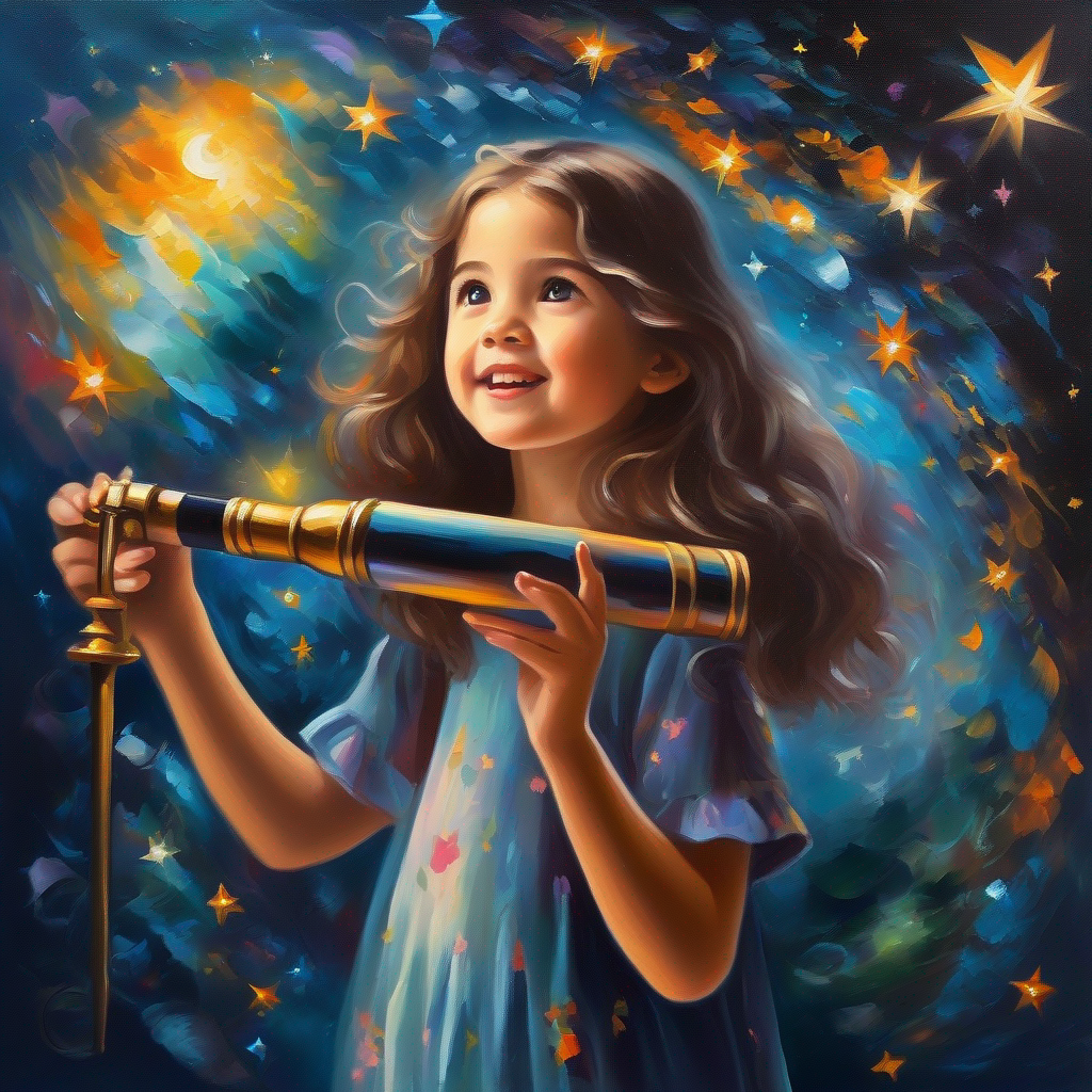Curious girl with a magical telescope, filled with excitement. becomes a famous astronomer, inspiring others with her confidence.