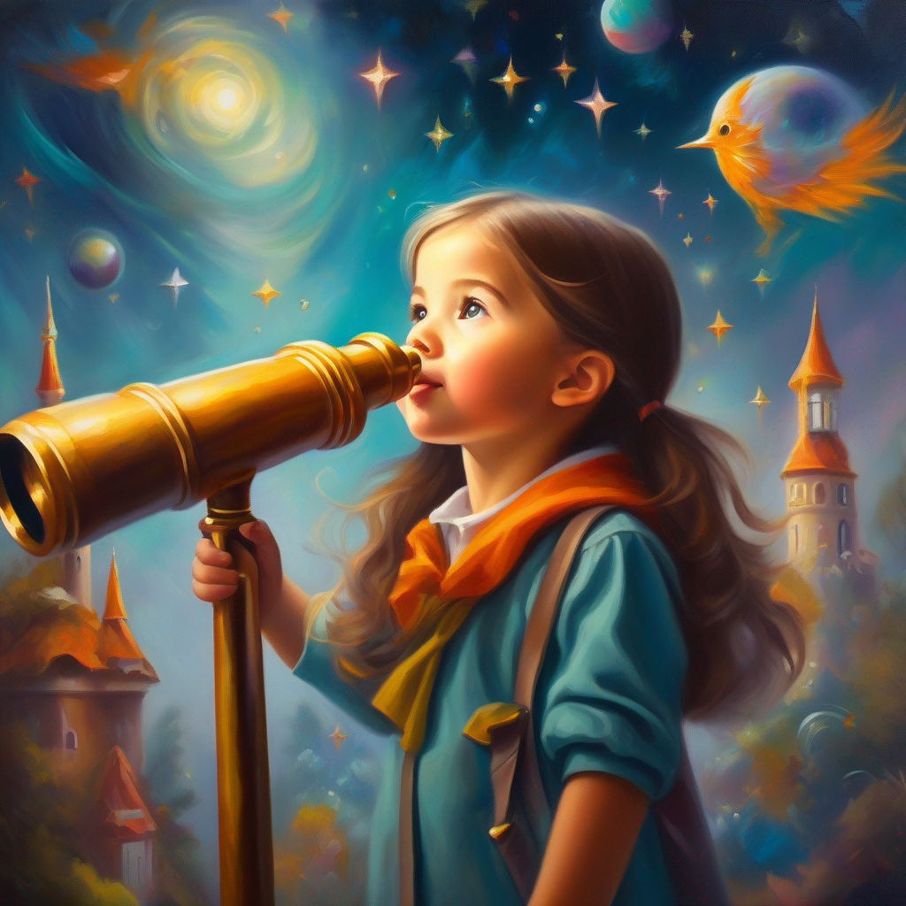 Curious girl with a magical telescope, filled with excitement.'s story teaches us the importance of curiosity and confidence.