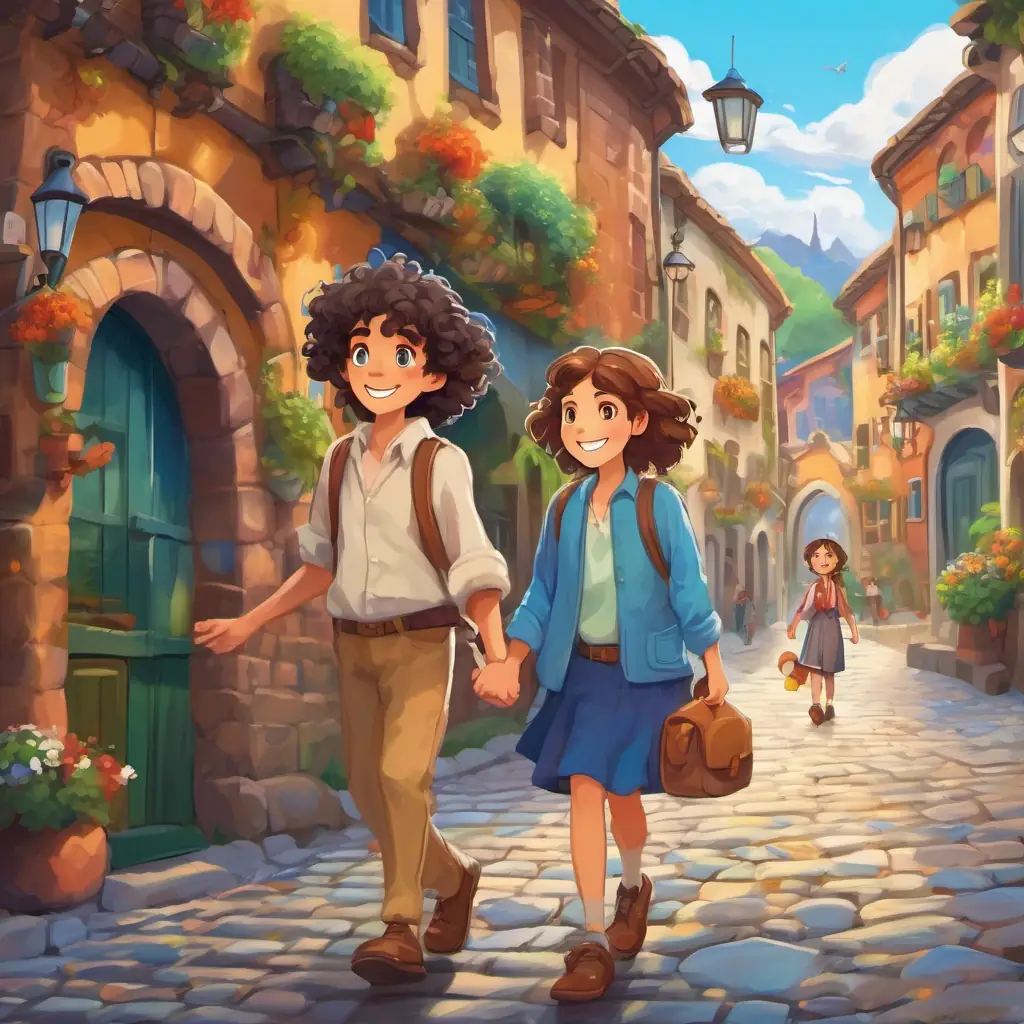 A colorful town with cobblestone streets, featuring two friends, Curly-haired, brown-eyed friend with a mischievous grin and Long-haired, blue-eyed friend with a kind and forgiving nature, who are smiling and holding hands.