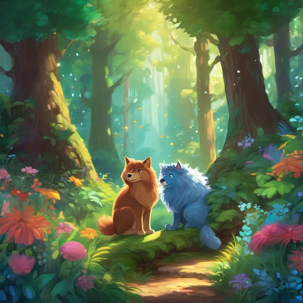 A dense and lush enchanted forest with tall trees and magical glowing flowers, where Curly-haired, brown-eyed friend with a mischievous grin and Long-haired, blue-eyed friend with a kind and forgiving nature are standing in awe of the Fluffball.