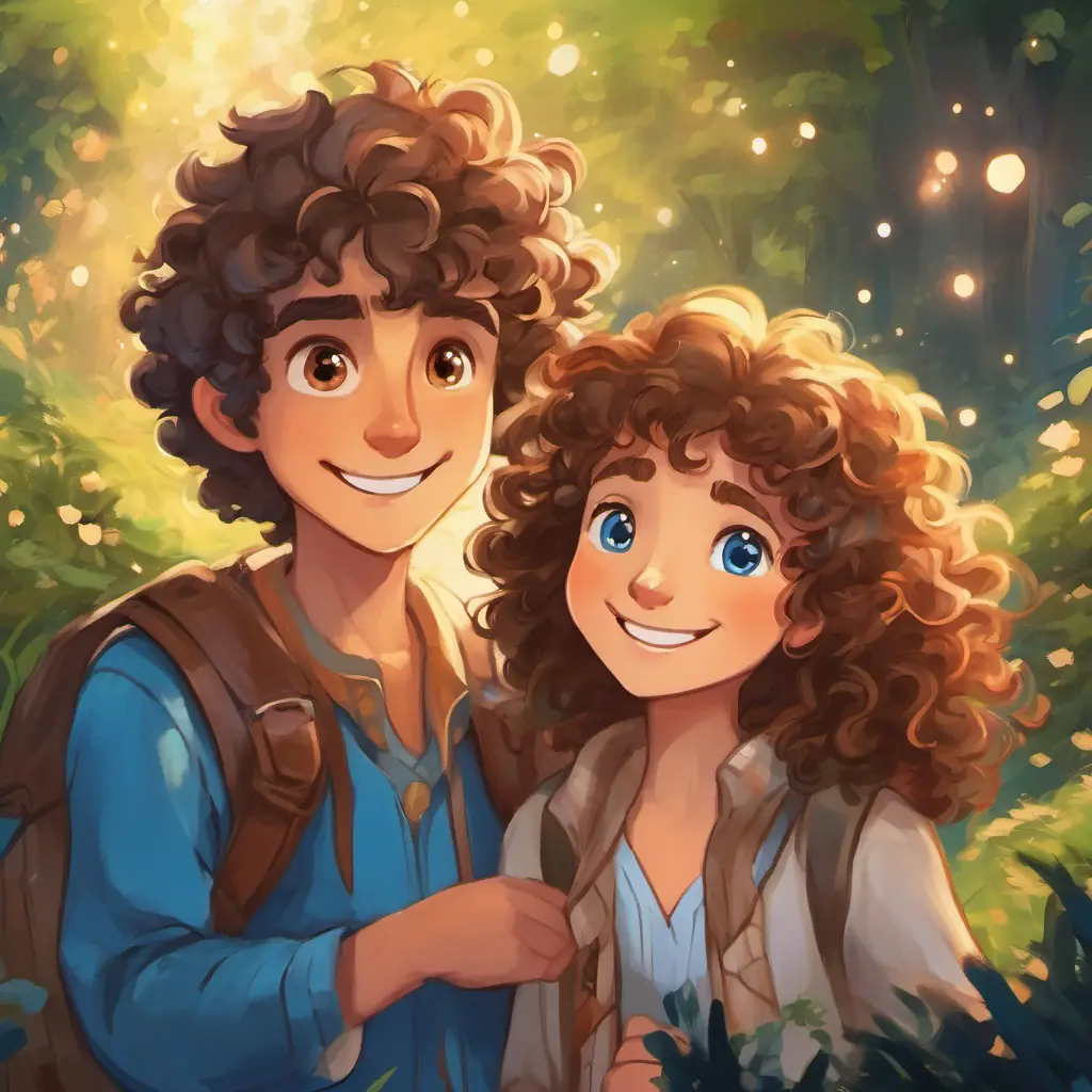 A scene depicting Curly-haired, brown-eyed friend with a mischievous grin whispering to Long-haired, blue-eyed friend with a kind and forgiving nature, with a sly smile on their face, while the Fluffball sparkles with magic.