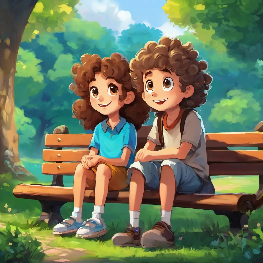 A park in Friendshipville, where Curly-haired, brown-eyed friend with a mischievous grin and Long-haired, blue-eyed friend with a kind and forgiving nature are sitting on a bench, and Curly-haired, brown-eyed friend with a mischievous grin has a regretful expression on their face, while Long-haired, blue-eyed friend with a kind and forgiving nature looks surprised.