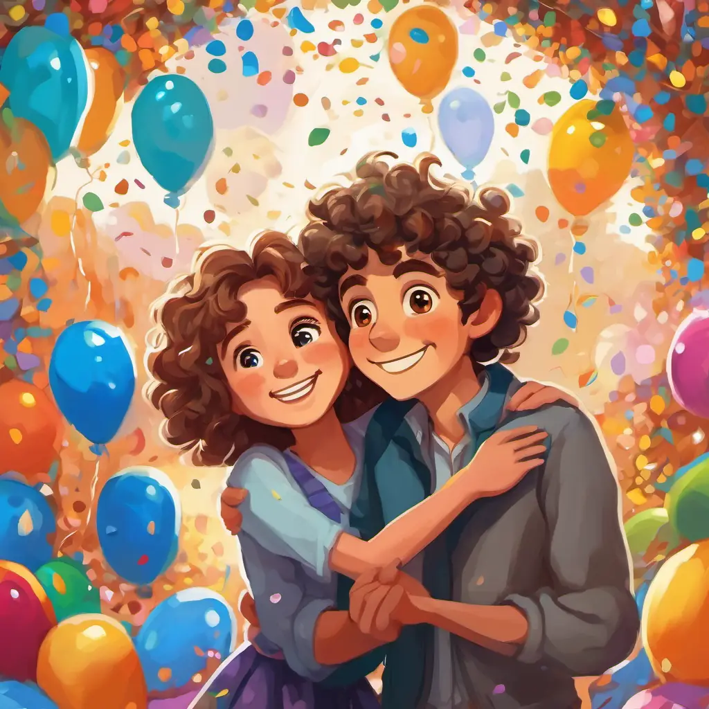 A heartwarming scene showing Curly-haired, brown-eyed friend with a mischievous grin and Long-haired, blue-eyed friend with a kind and forgiving nature hugging, with smiles on their faces, surrounded by colorful balloons and confetti.