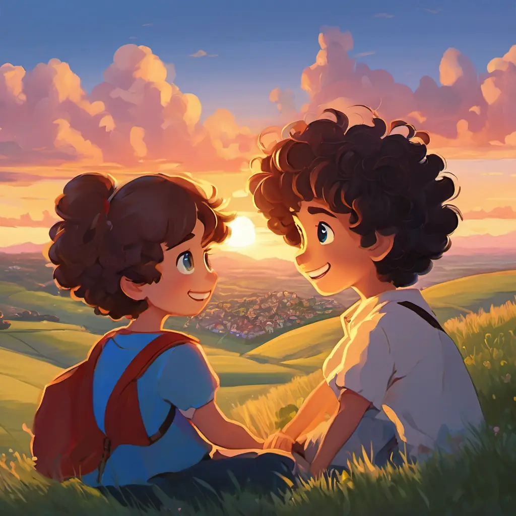 A sunset at Friendshipville, where Curly-haired, brown-eyed friend with a mischievous grin and Long-haired, blue-eyed friend with a kind and forgiving nature are sitting on a hill, looking towards the town, holding hands and smiling.