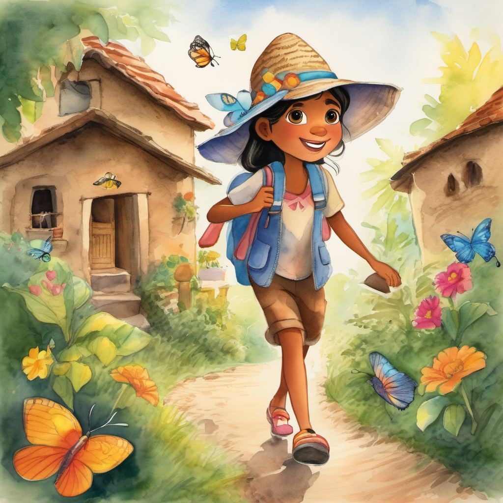 Coco packed a small bag with some food and water, put on her favorite hat, and set off on her journey. As Coco walked through the village, she saw a colorful butterfly fluttering in the air. Curiosity got the best of Coco, and she started following the butterfly.