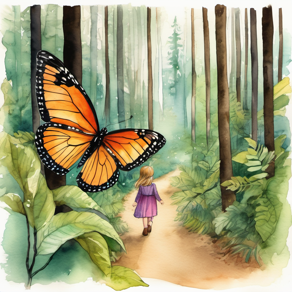 The butterfly led Coco to a beautiful forest. Coco couldn't help but wonder what secrets the forest held. She cautiously walked through the tall trees, with her eyes wide open, looking for any sign of adventure. Suddenly, she heard a soft rustling sound behind a bush.