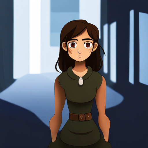 Brave girl with brown hair and determined eyes standing in a dark alley
