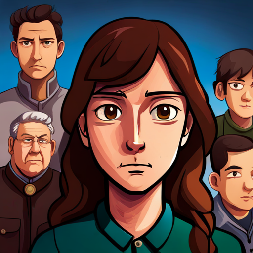 Brave girl with brown hair and determined eyes surrounded by four intimidating boys