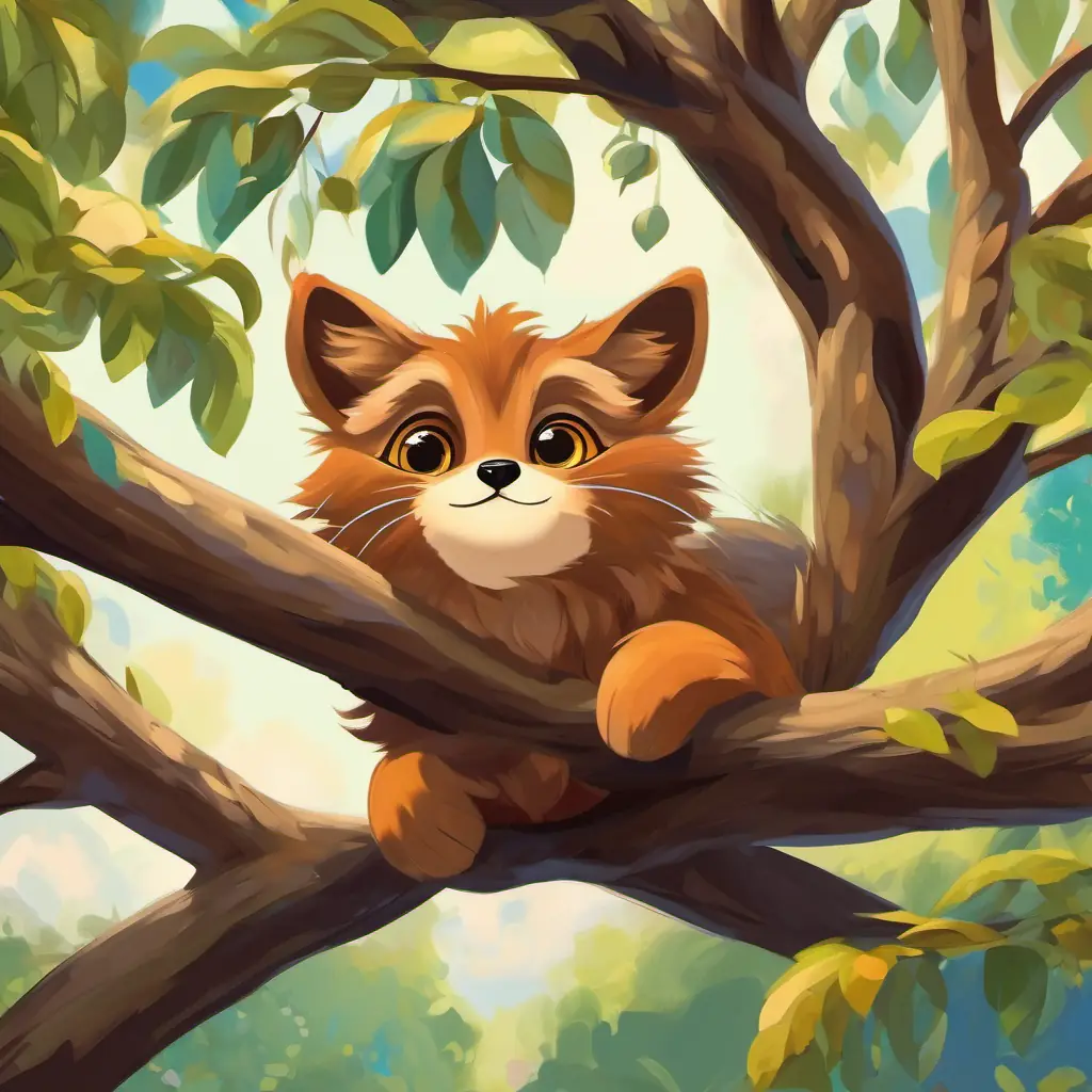A picture of a colorful Soft brown fur, big curious eyes, happy and playful happily swinging from the branches of a tall tree.