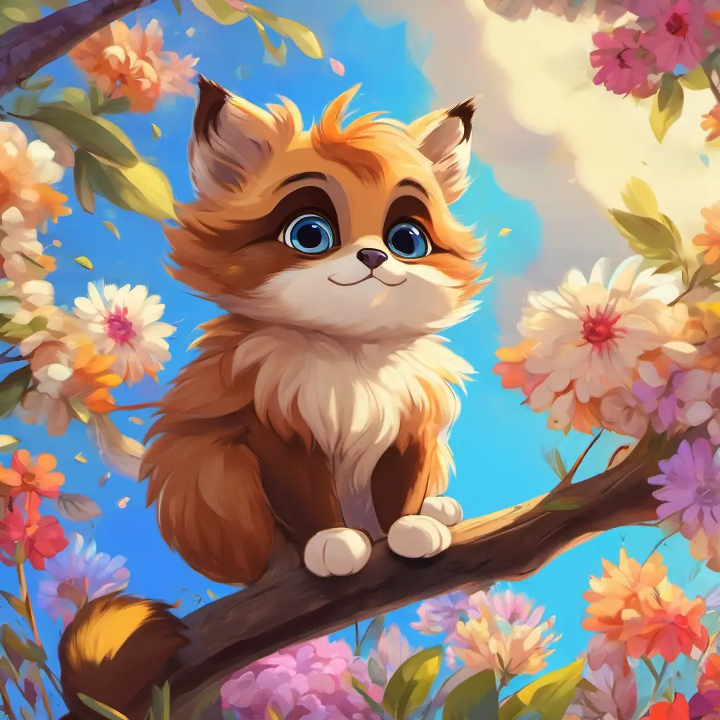 A picture of the Soft brown fur, big curious eyes, happy and playful sitting on a high branch, looking down at flying Colorful feathers, flying in the sky and Buzzing around flowers, small and striped buzzing among flowers.