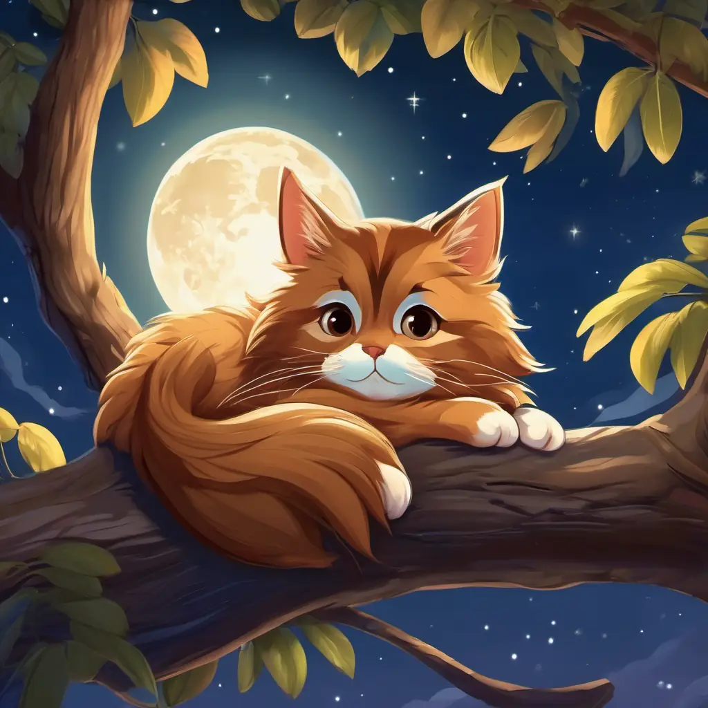 A picture of the Soft brown fur, big curious eyes, happy and playful sleeping on a branch under the moonlight, with a peaceful expression on its face.