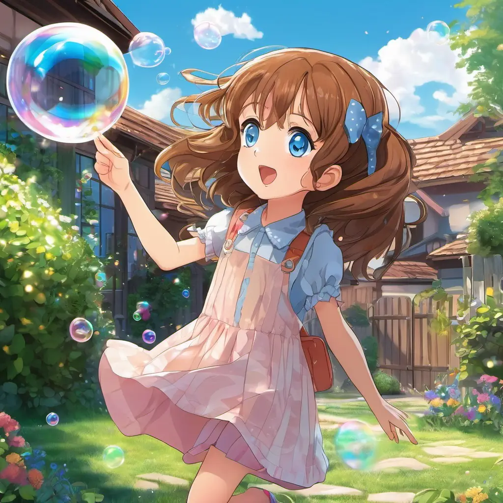 Sofia is a little girl with brown hair and bright blue eyes blowing a big bubble in her backyard and stepping through it