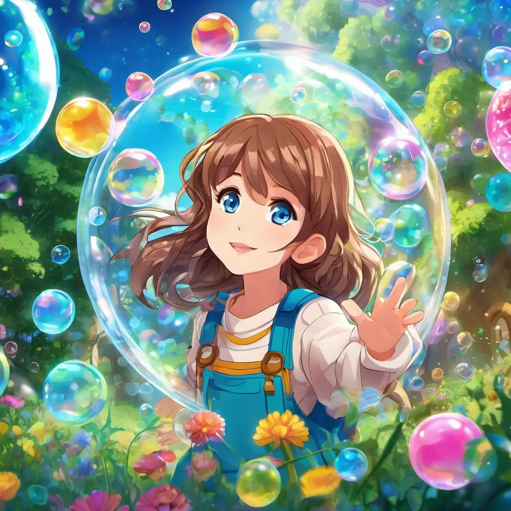 Sofia is a little girl with brown hair and bright blue eyes exploring the bubble world filled with colorful bubbles, bubble trees, flowers, and animals