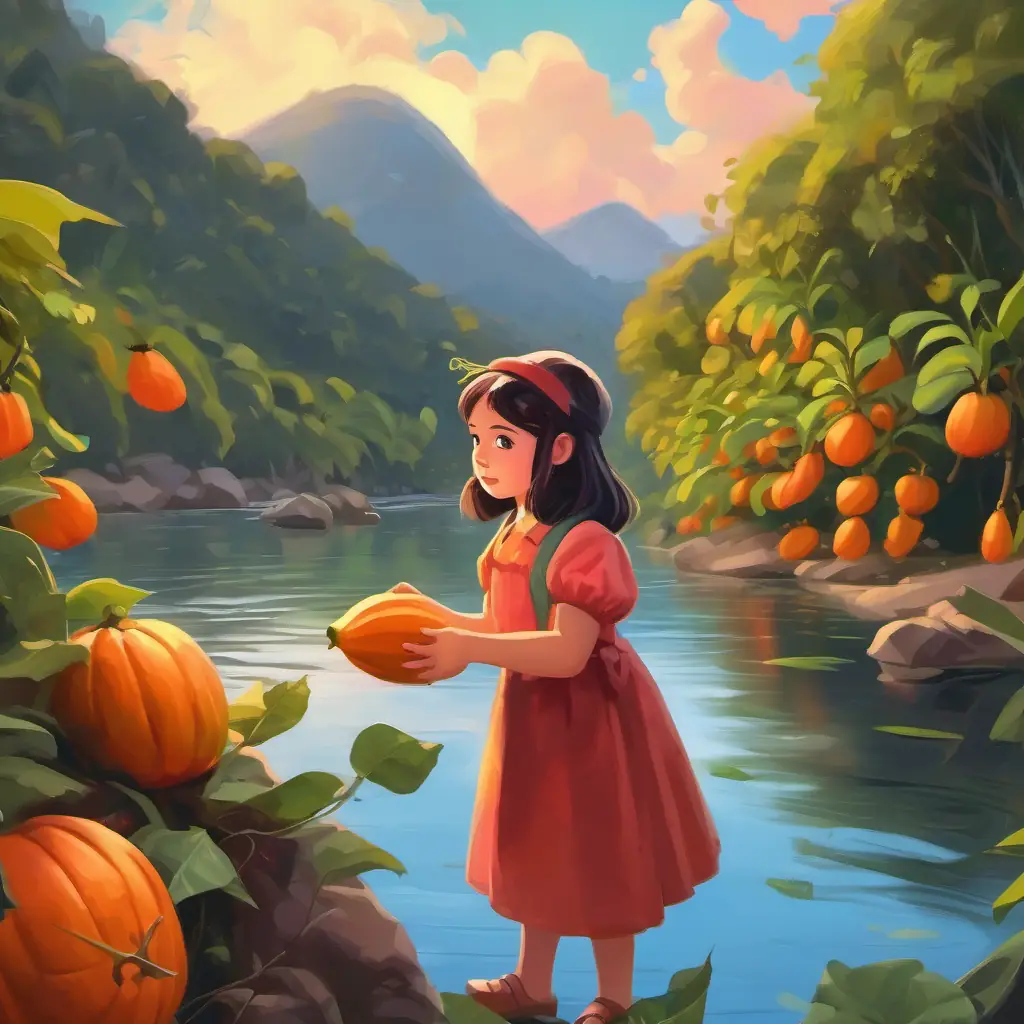 Curious girl with bright eyes and rosy cheeks, a curious little girl, finding a magical papaya leaf near a river.