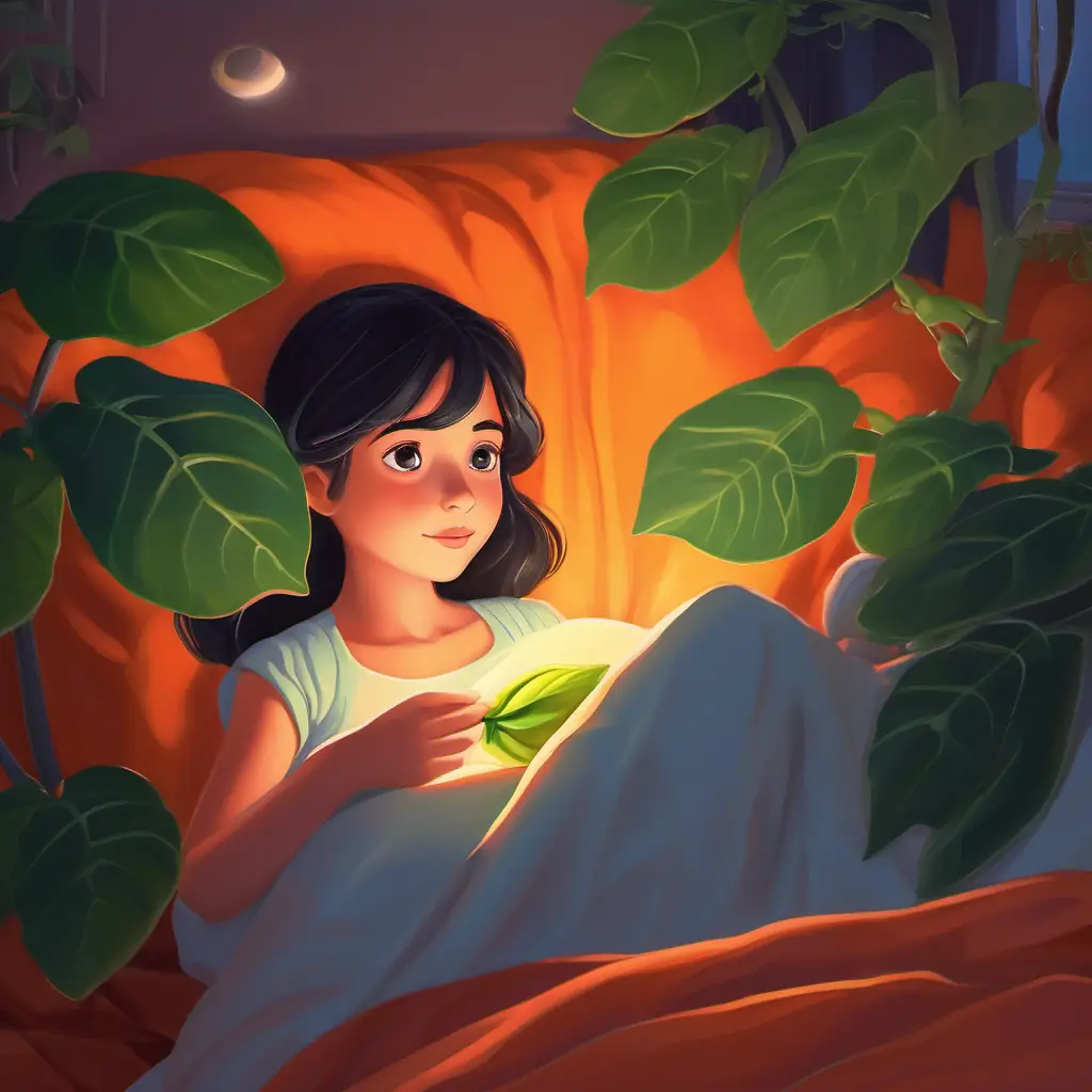 Curious girl with bright eyes and rosy cheeks placing the magical papaya leaf under her pillow and the leaf emitting a gentle glow during the night.