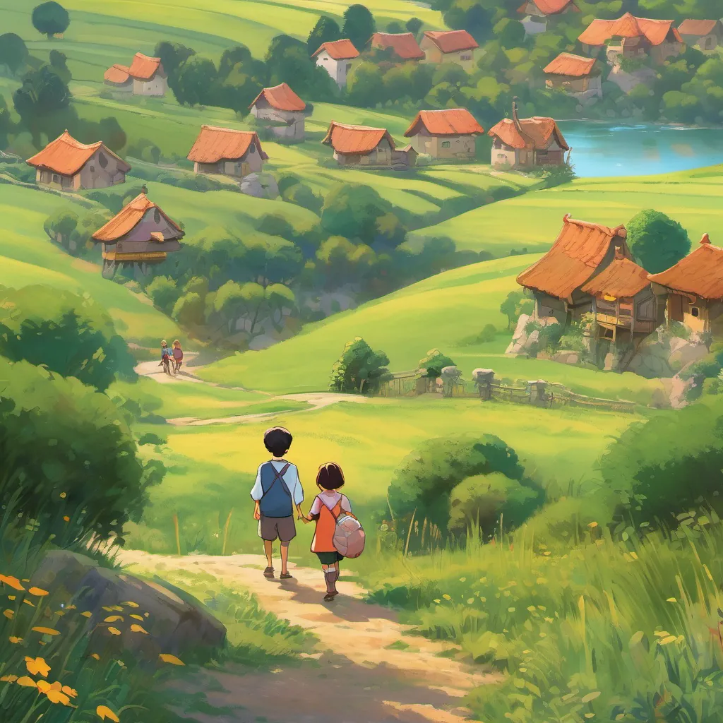 small village in the middle of a grassy field with two young children, young girl with a spirit of adventure, dressed in simple, colorful clothes and young boy with curiosity and courage, dressed in simple, colorful clothes, standing happily together